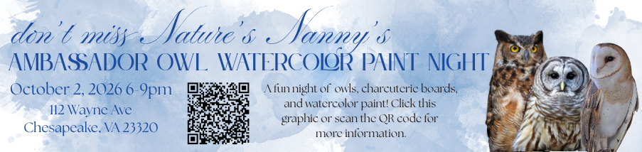 This is a graphic that advertises our Ambassador Owl Watercolor Paint Night on October 2 with a QR code and 3 of our ambassador owls