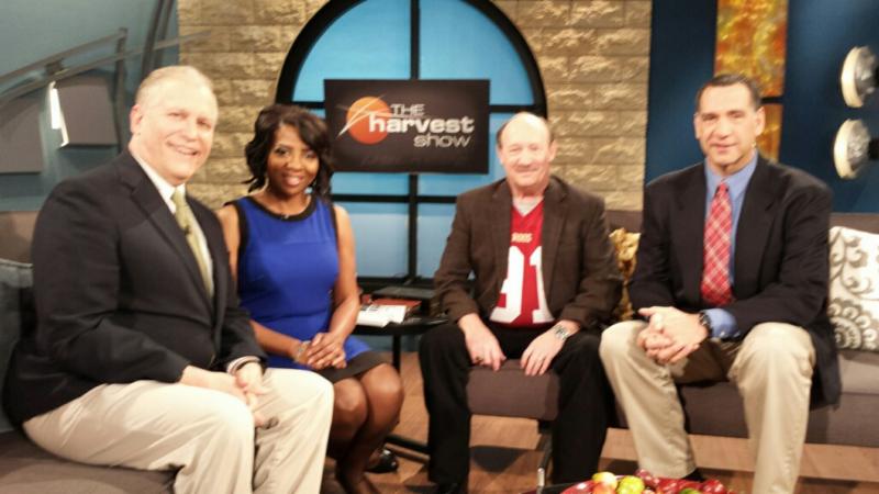 Author, speaker and NCAA record holder, Dr. Emmet C. (Tom) Thompson II, recently appeared as a guest on The Harvest Show. Pictured: ( Third from R ): Thompson and The Harvest Show co-hosts (L to R): Chuck Freebyl, Valerie Lowe, Thompson and Stefan Radelich. (Dr. Emmet C. (Tom) Thompson II photo)