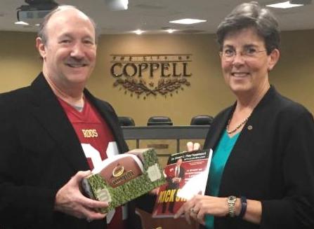 Pictured (L to R): Dr. Emmet C. (Tom) Thompson II joins Coppell, Texas, Mayor Karen Hunt to celebrate Coppell's annual Tom Thompson Appreciation Day and discuss the upcoming release of the updated and expanded edition of Kick Start . (Tom Thompson photo)
