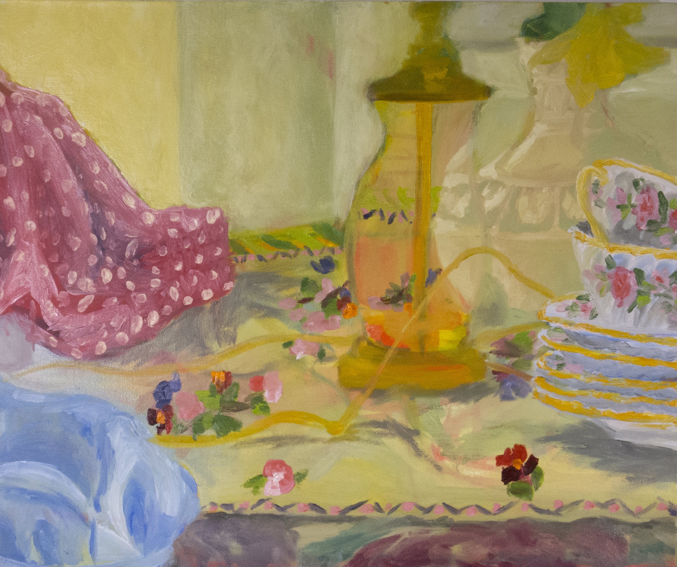 Still Life With Fake Flowers, Lamp, Vase, Cups, and Plates