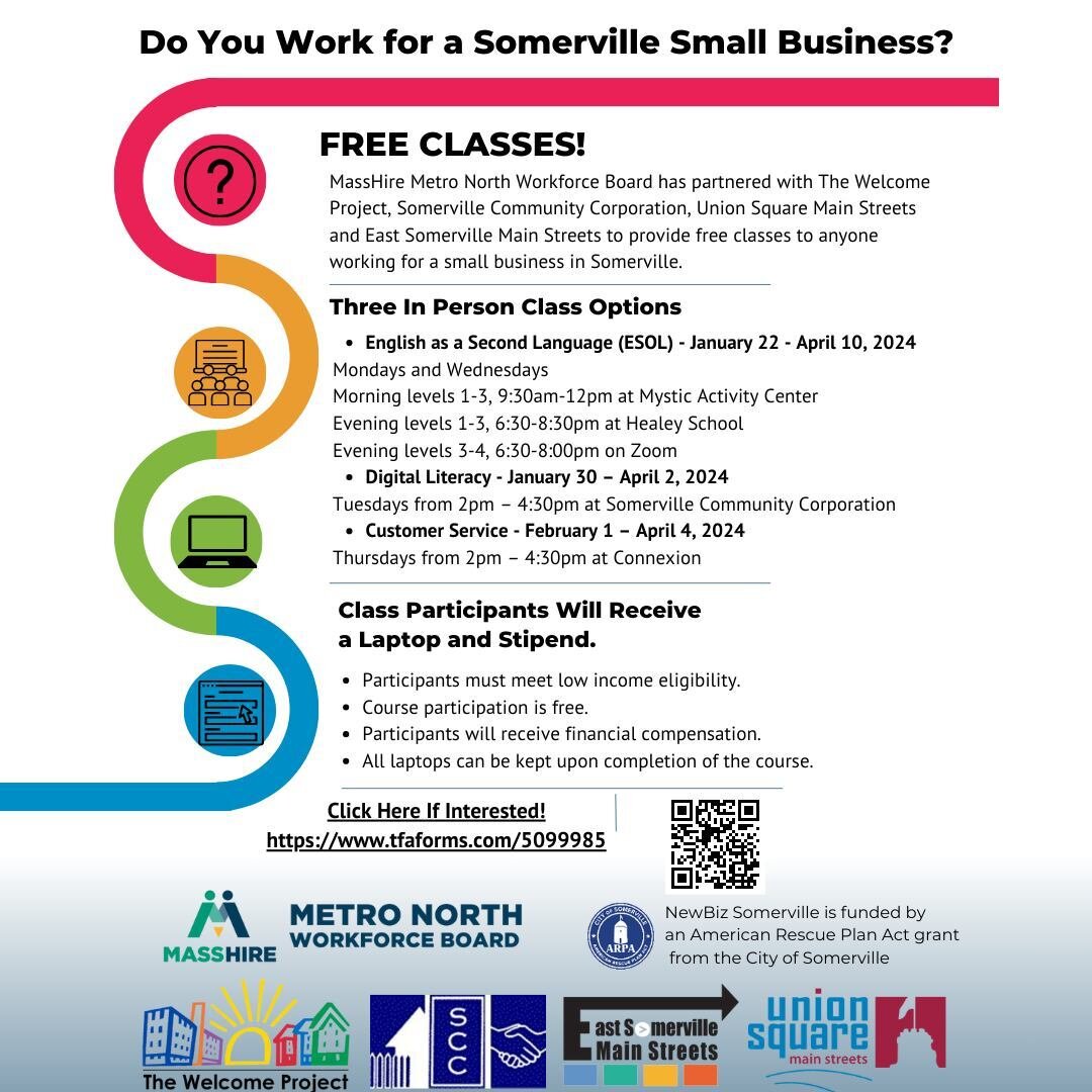 Do you work for a small business in Somerville? 💼

Elevate your skills with @masshiremetronorth's ❇️free❇️ upcoming English for Speakers of Other Languages (ESOL), Digital Literacy, and Customer Service courses! 

Here's your chance to grow professi