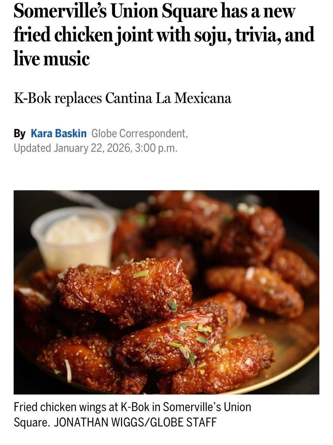 Paul &amp; Yajaira bring the (gochujang) heat to @kbok249 🔥

@bostonglobe Correspondent Kara Baskin visited Union's new Korean fried chicken spot 🍗🇰🇷 

Read the rundown of good eats and hear the story behind turning the former Cantina La Mexicana