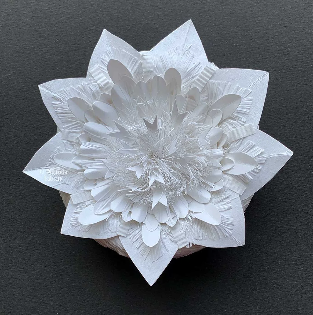 Flowery Fireworks — Hand-Cut White Paper Sculpture, 6" Round 3D Wall Art by Melinda Fabian