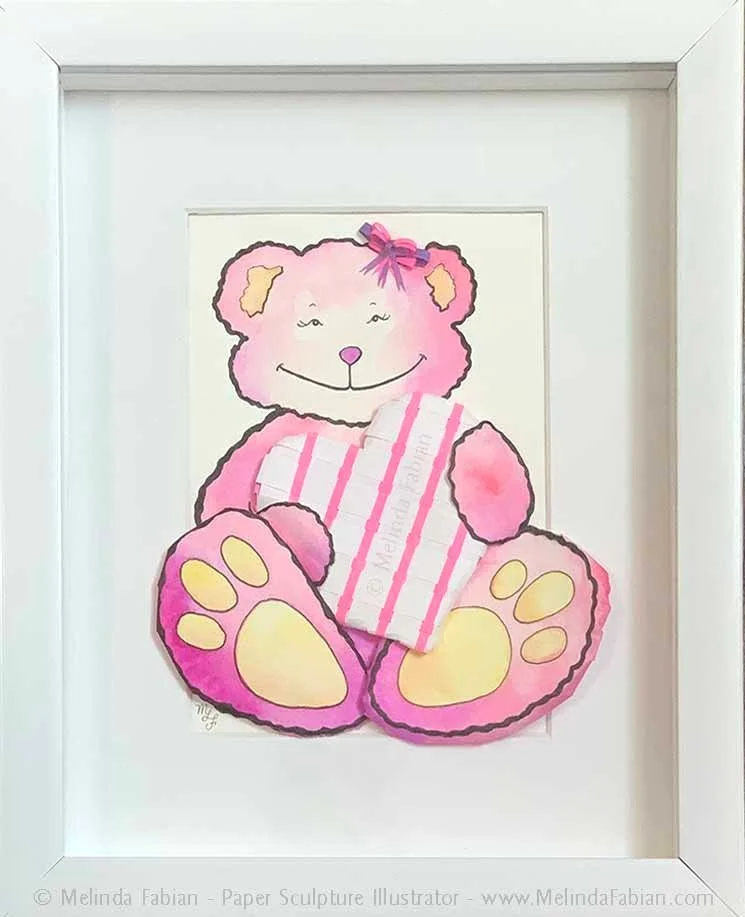 Framed Wall art of a happy bear holding a woven big paper heart paper sculpture illustration by Melinda Fabian .
