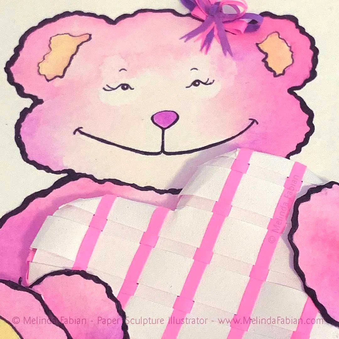 close up view of the pink teddy bear illustration by Melinda Fabian