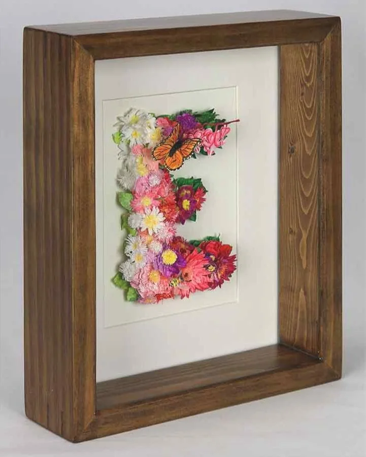 Framed Letter 'E' in 3D flower art