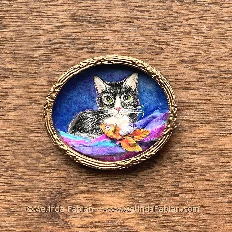 2" x 1.75" Framed Miniature Cat Holding a Toy by Melinda Fabian Illustrator