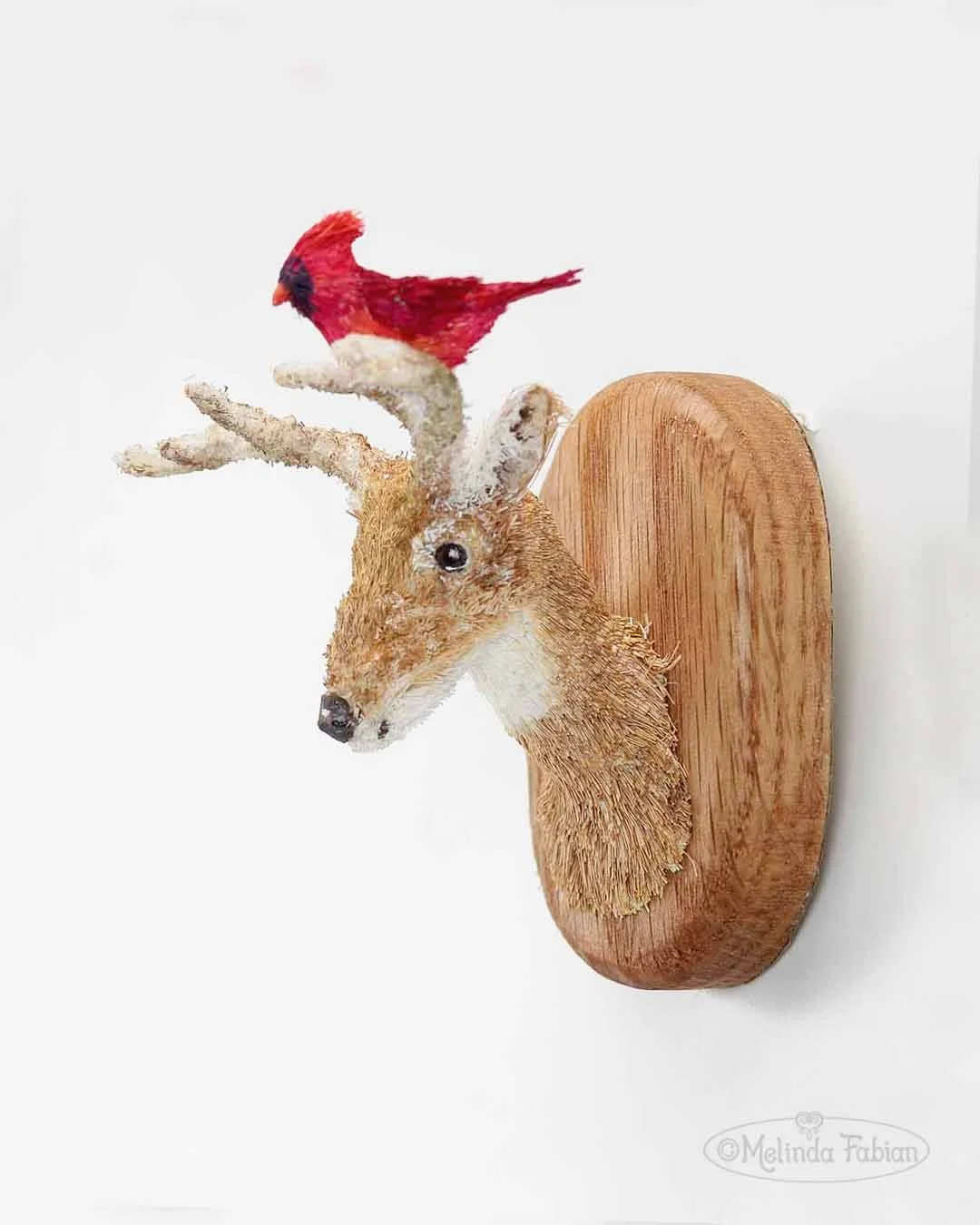 BFF - 3D paper sculpture of deer head with vibrant red cardinal, mounted on a wood plaque.