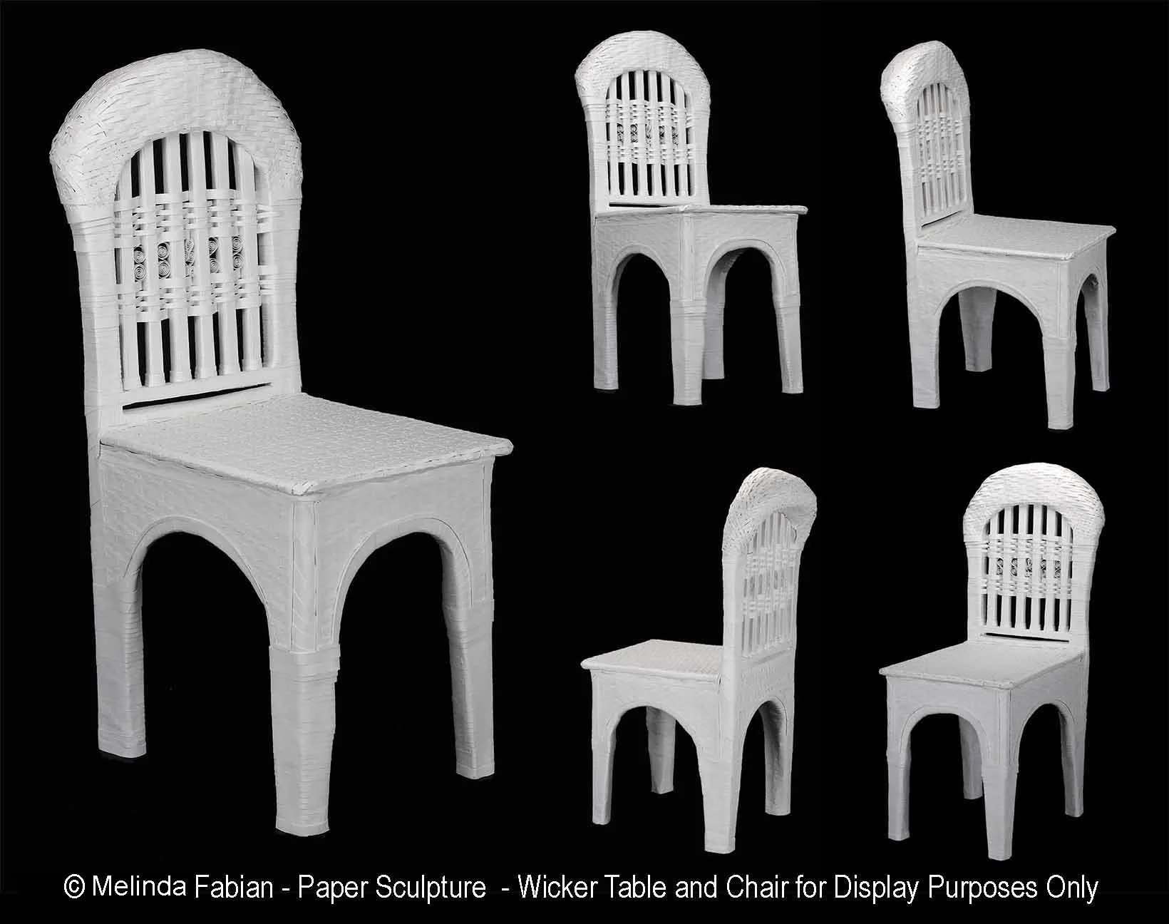 The wicker paper chair is shown in different views.