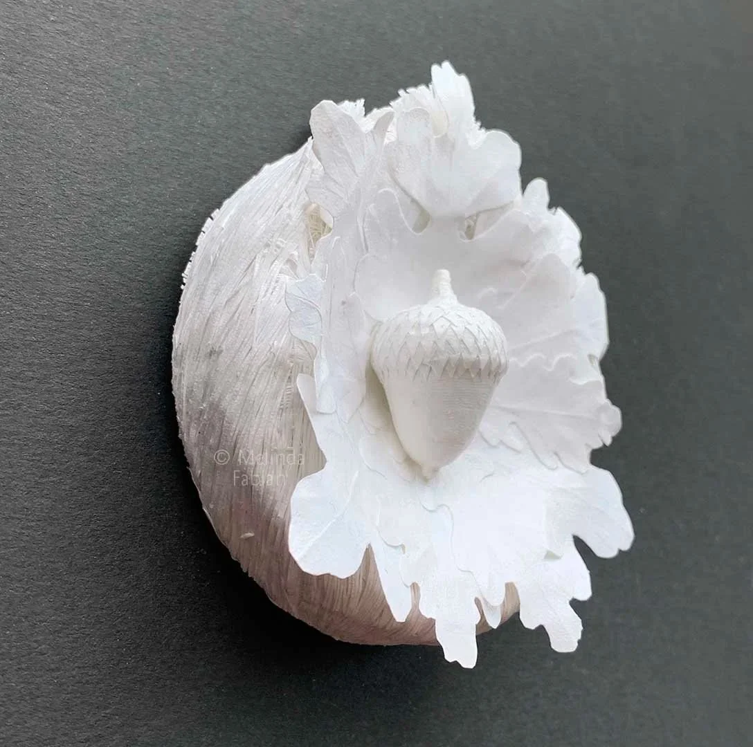 Side view of Acorn Oak to show the texture and depth of the one-of-a-kind paper sculpture