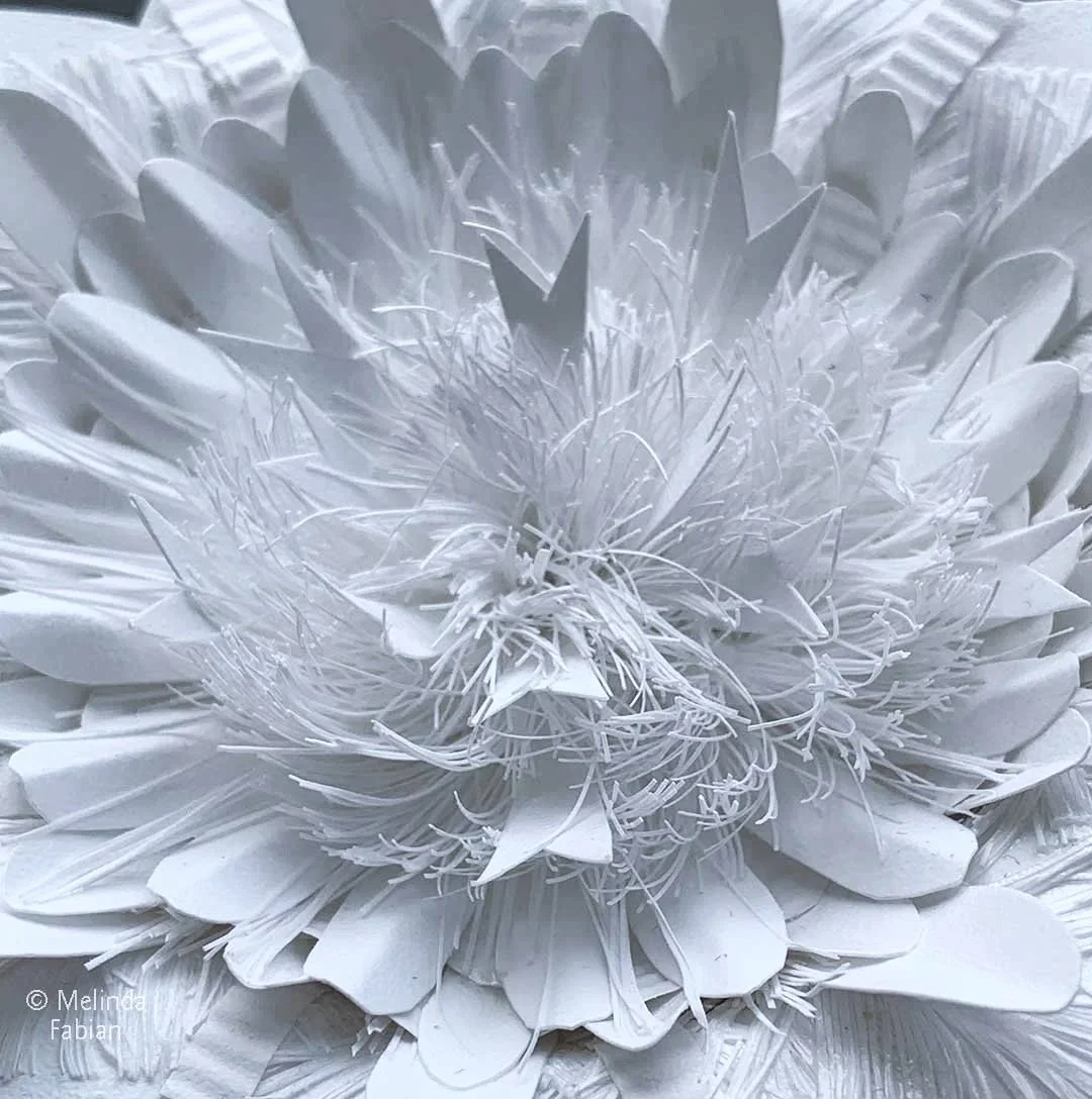 Close Up View to show the textures and shapes of the hand cut white paper to create the explosion of the Flowery Fireworks.