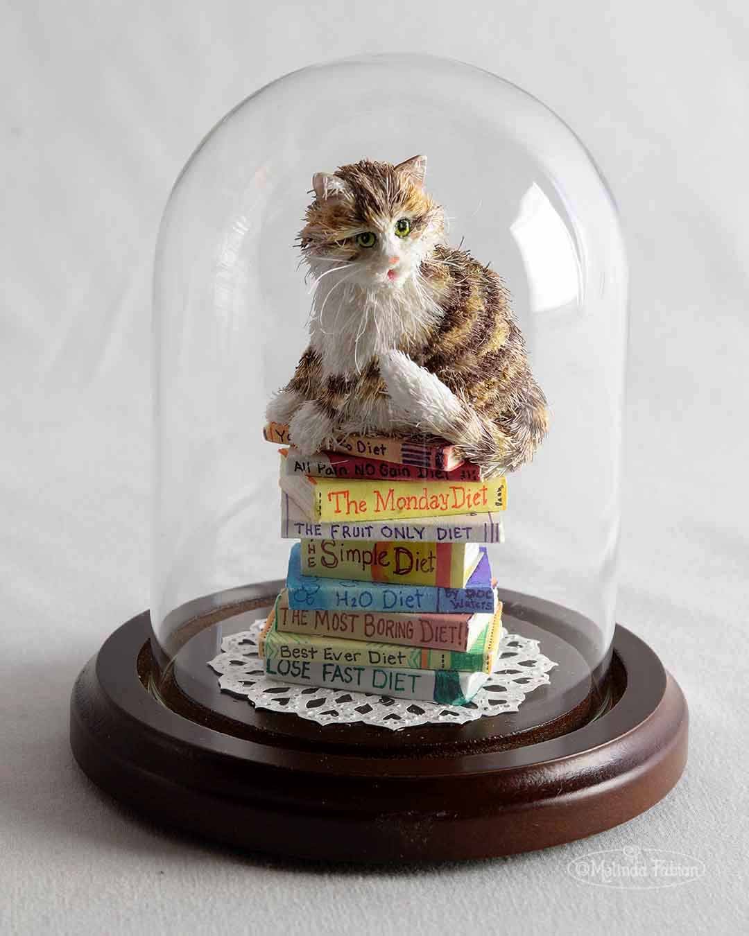 This fluffy cat is expressing the same feeling most of us feel when contemplating going on a diet. Unimpressed! This is a 3D hand-cut paper sculpture of a fluffy cat sitting on top of a stack of diet books looking very Unimpressed!