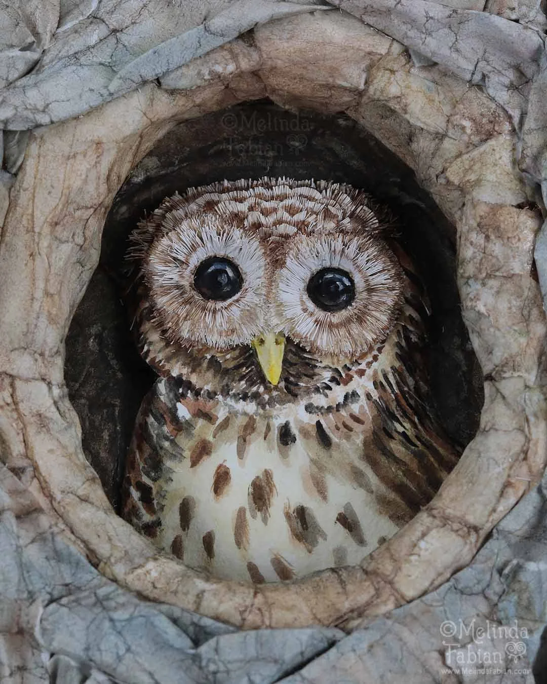 Close Up view of a 3D paper sculpted owl in a hollow of a tree.