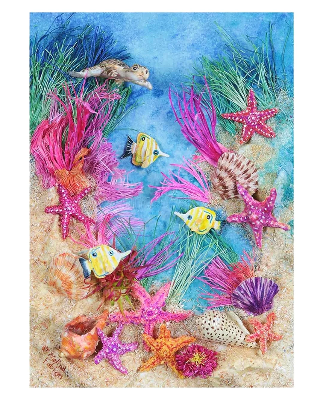 "Colorful Journey" - a 3D paper sculpture featuring a very happy looking seaturtle exploring his new colorful world amongst the seashelss, starfish, seagrasses, and meeting new fish friends - all hand sculpted out of paper.