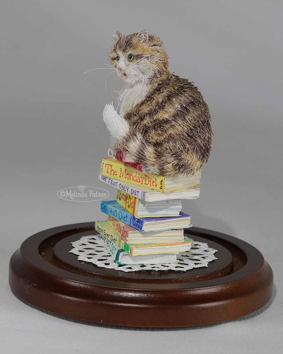 A large furry cat sits on top of a stack of diet books looking completely Unimpressed! It is made out of hand-cut paper and painted in watercolor and gouache.