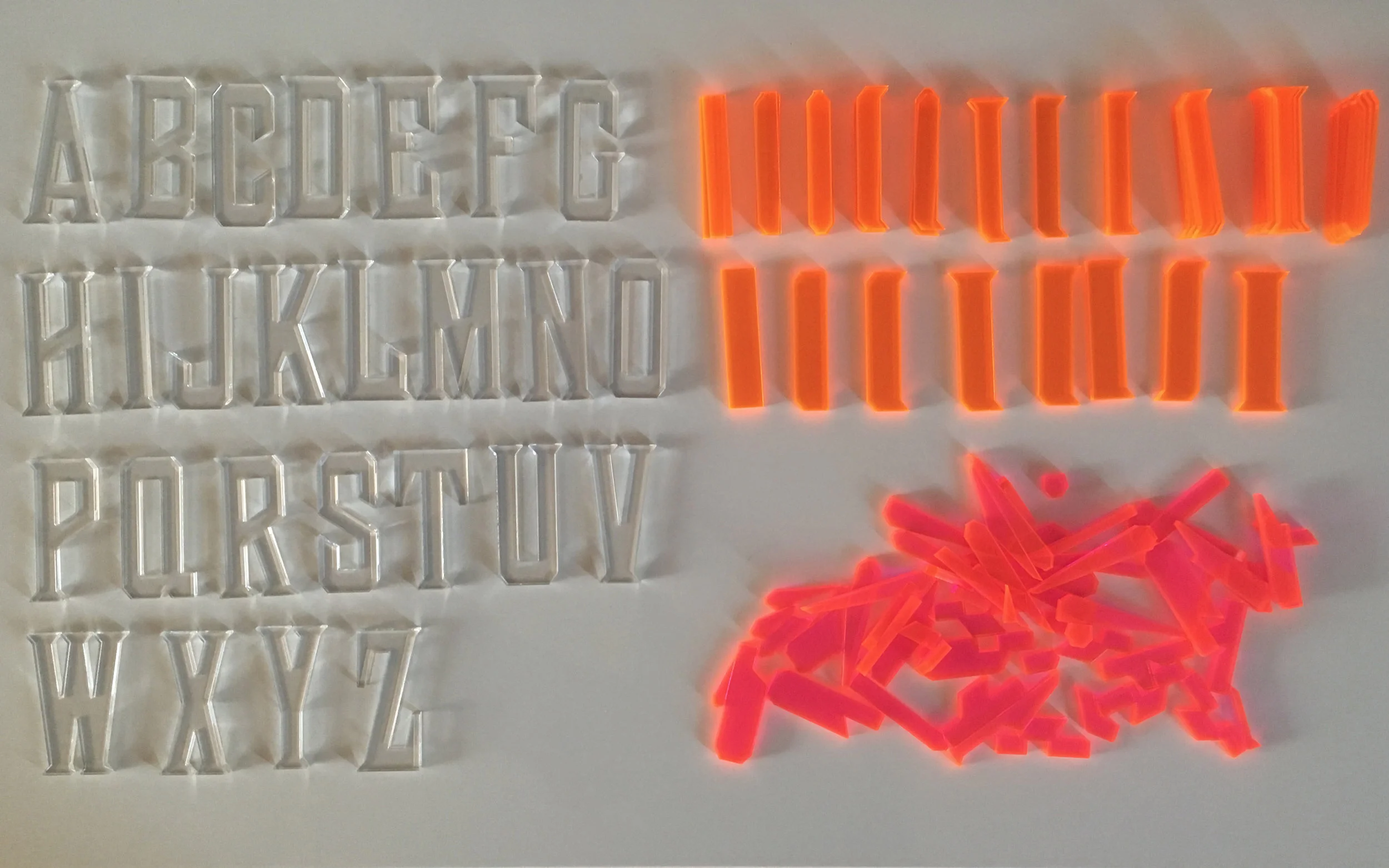 The full puzzle—26 capitol letters (duplicates of a few), Counter form parts, Letter Spacers (in widths based on 6/em and 4/em spacing. Typography teaches us so much!—proportion, history, math, emotional expression too. Typography is the apex of left brain and right brain thinking.