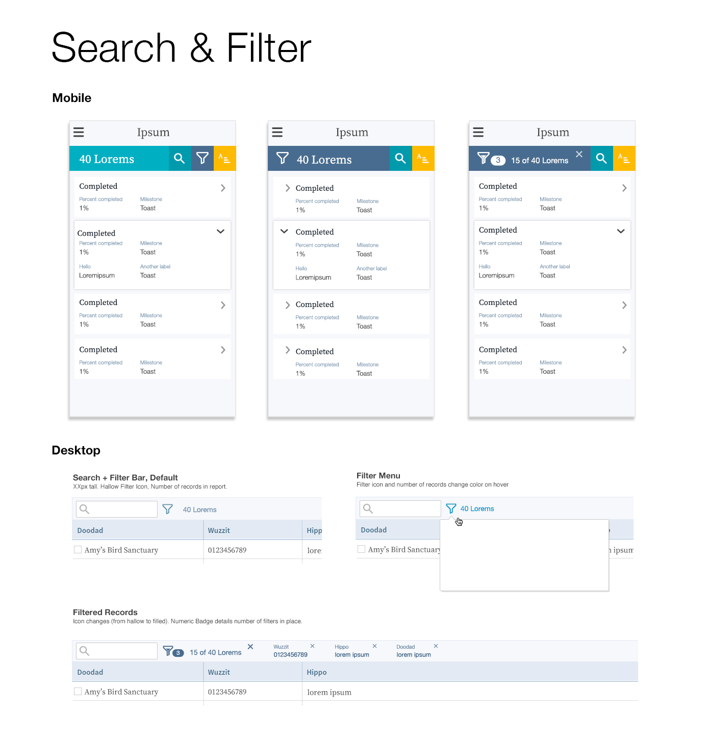 Above and below are examples of spec work for new product features. They detail a few key functions, and a variety of states. They are created for engineers and product managers, and paired with a more detailed write up.