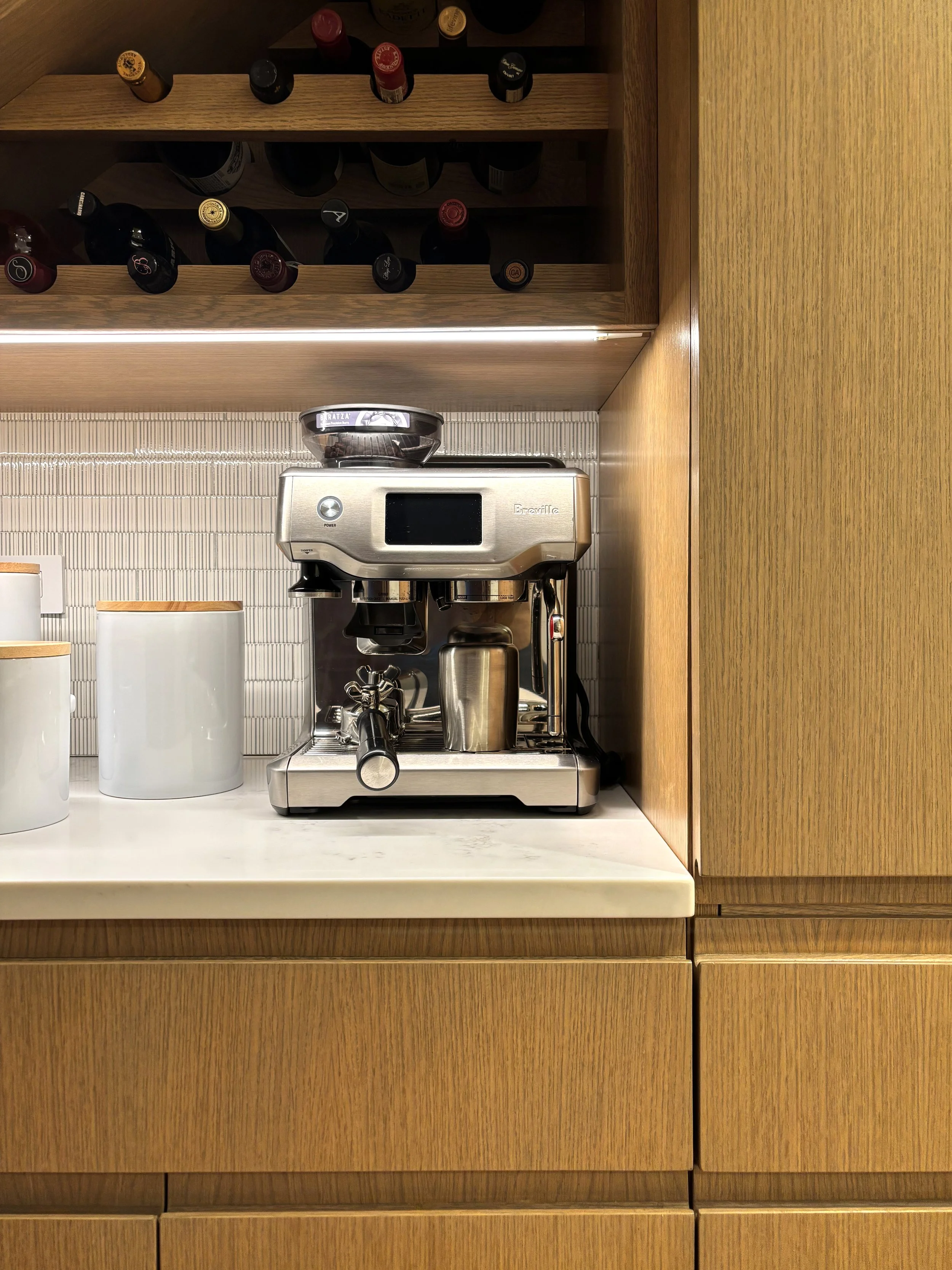Custom millwork  nook for coffee and beverage bar.