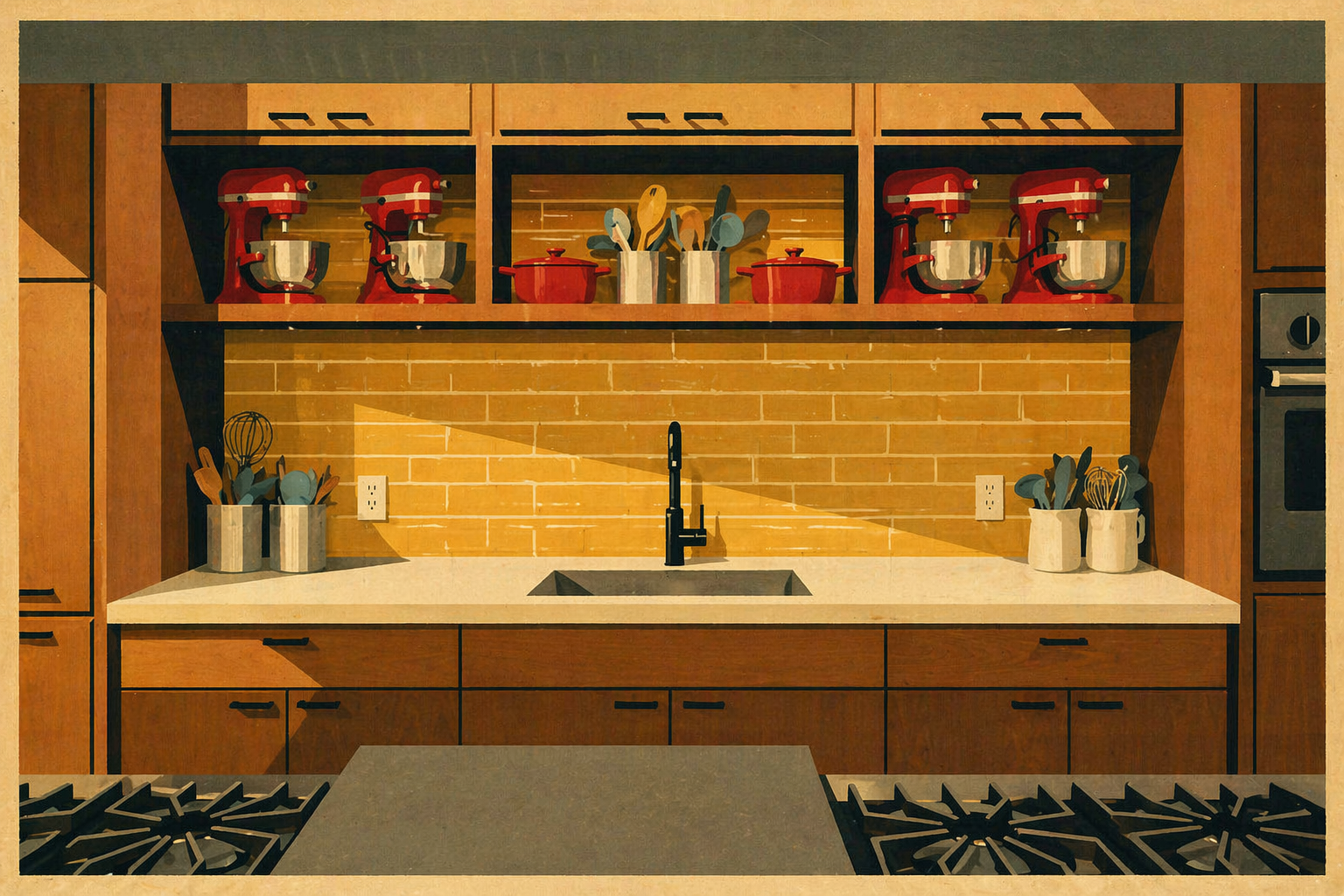 The back counter of a wine cellar culinary education kitchen