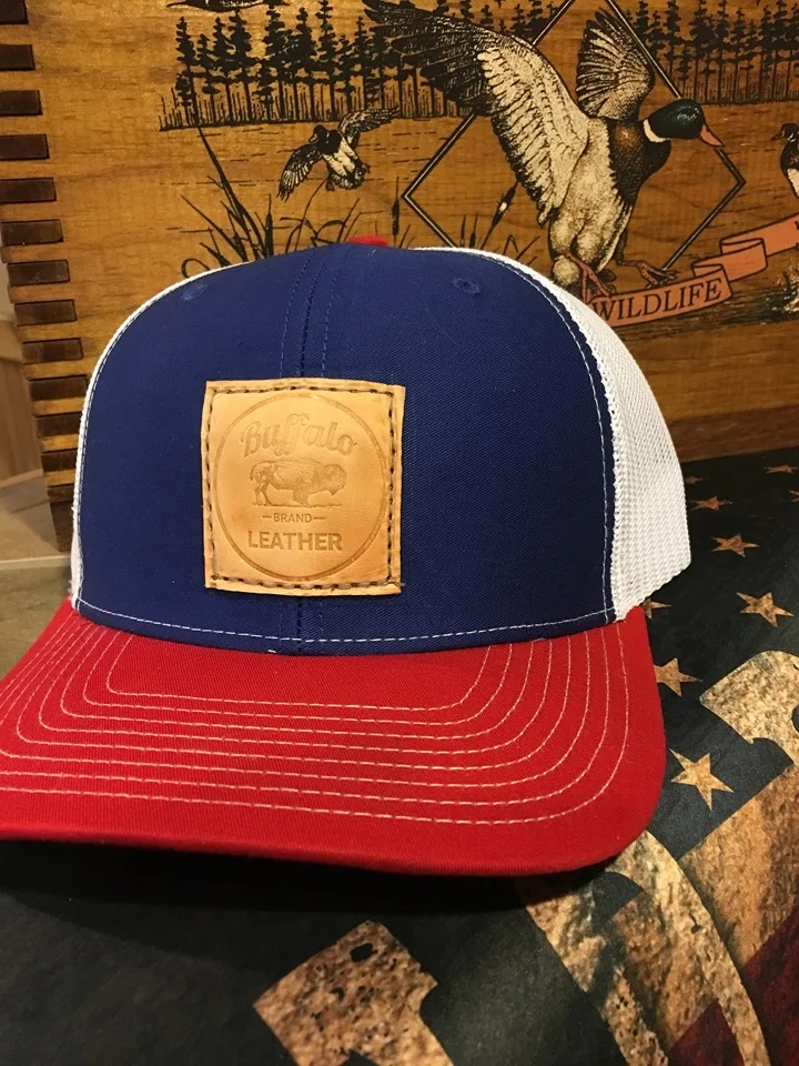 red white and Blue Buffalo brand leather hat