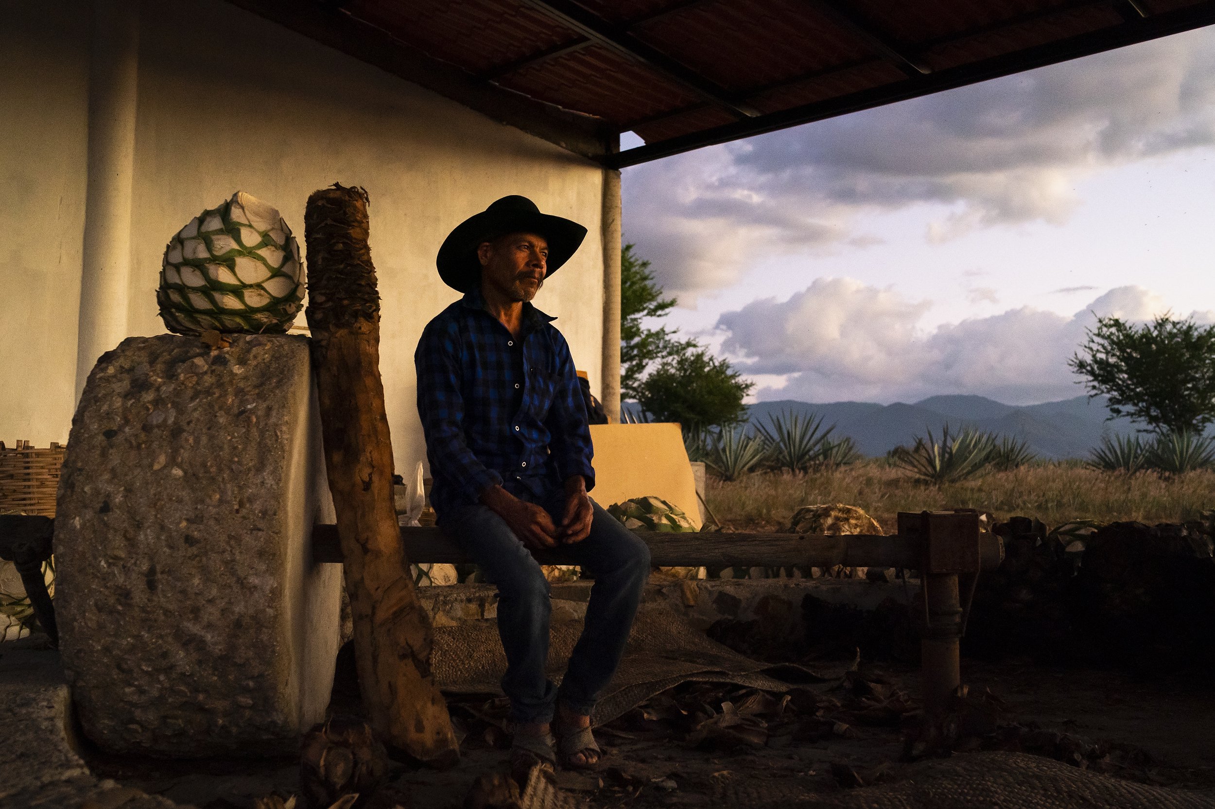  Epifanio Vásquez Ríos, master mezcalero, sits in the middle of a tahona, a stone grinder used for mezcal production, as the sun sets at Hacienda Carreño on Saturday, Dec. 5, 2021 in San Dionisio Ocotlán, Oaxaca, Mexico. "Each agave has its own perso