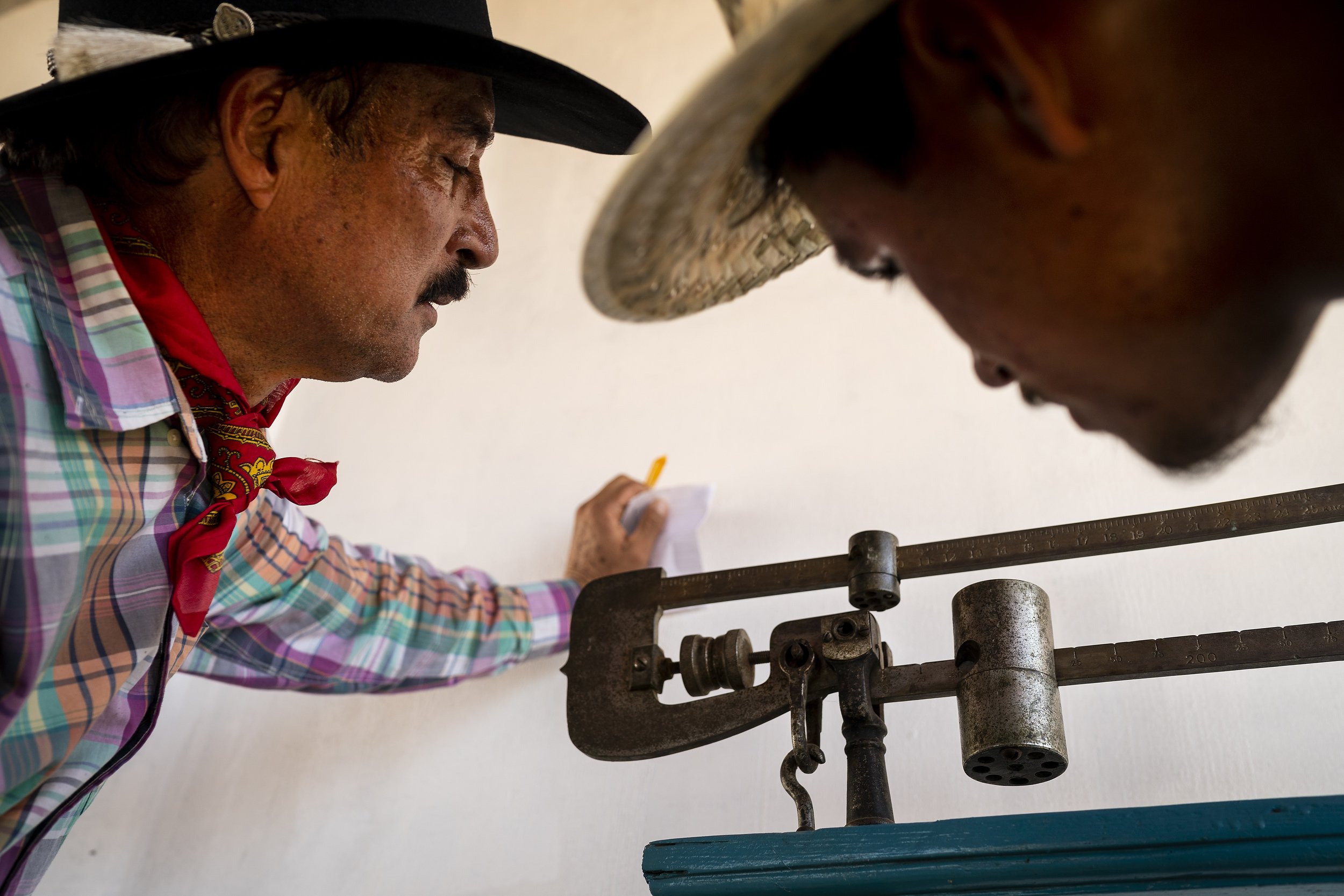  Jorge Carreño, left, and Felimon Rodríguez, check the weight of an agave hearts before cooking them at Hacienda Carreño on Sunday, Dec. 6, 2021 in San Dionisio Ocotlán, Oaxaca, Mexico. Carreño, along with his brother and sister, run the production p