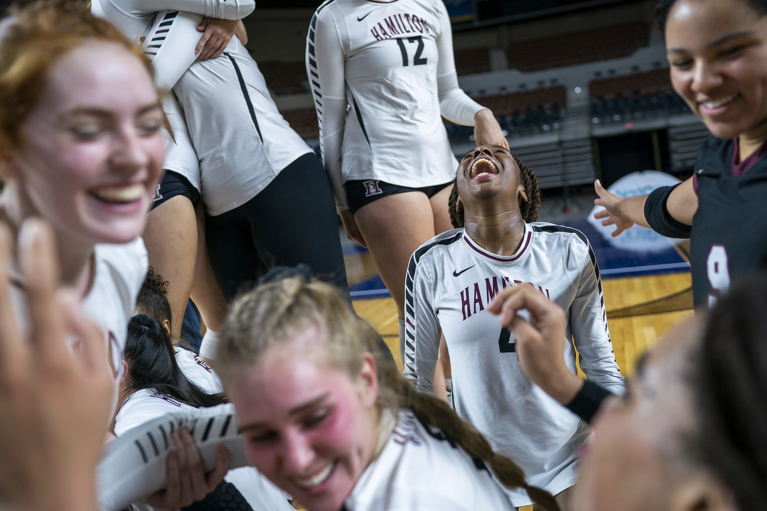  Hamilton High School players celebrate their win against Sandra Day O'Connor High School for the 6A title during the State girls volleyball championships at the Arizona Veterans Memorial Coliseum on Saturday, Nov. 13, 2021, in Phoenix.  