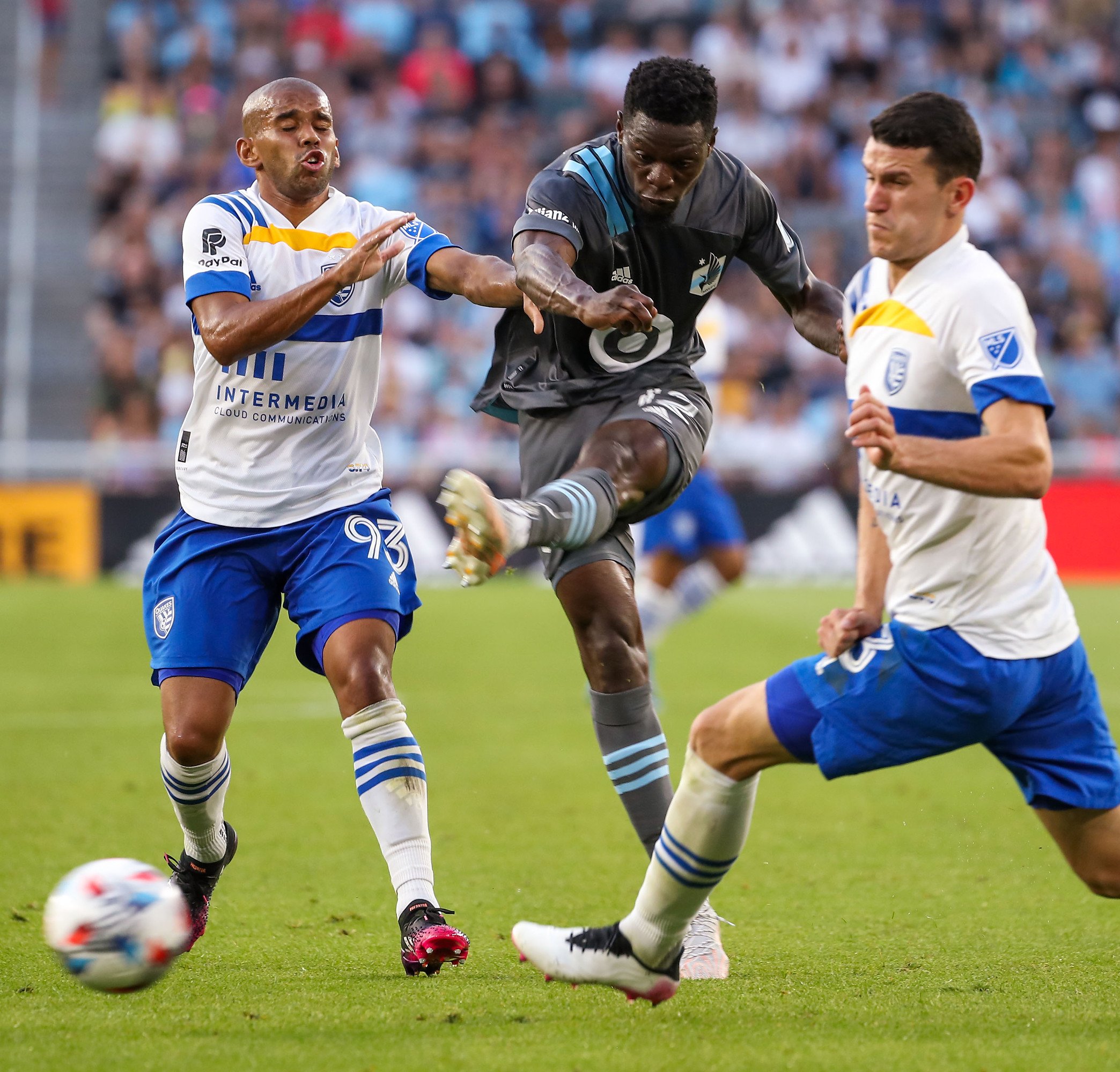  Bakaye Dibassy, (12) Minnesota United, takes a shot during the second half against San Jose Earthquakes at Allianz Field on Saturday, July 3, 2021, in St. Paul. The match ended in a draw.  