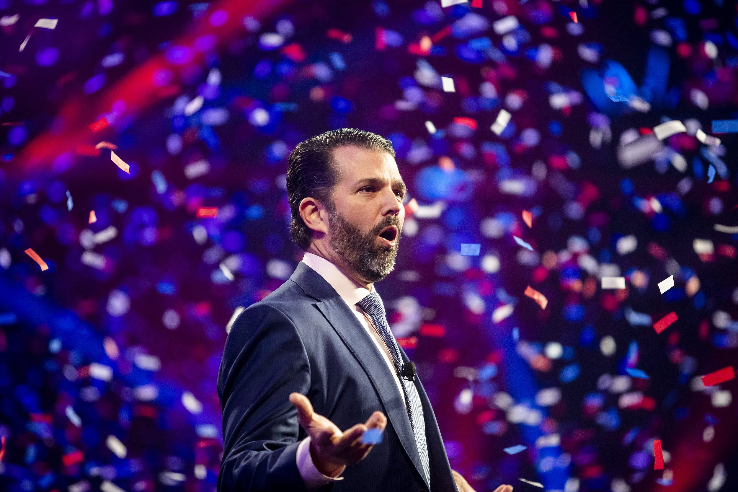  Donald Trump Jr. reacts to a cheering crowd before giving a speech during the second day of the America Fest 2021 hosted by Turning Point USA on Sunday, Dec. 19, 2021, in Phoenix.  