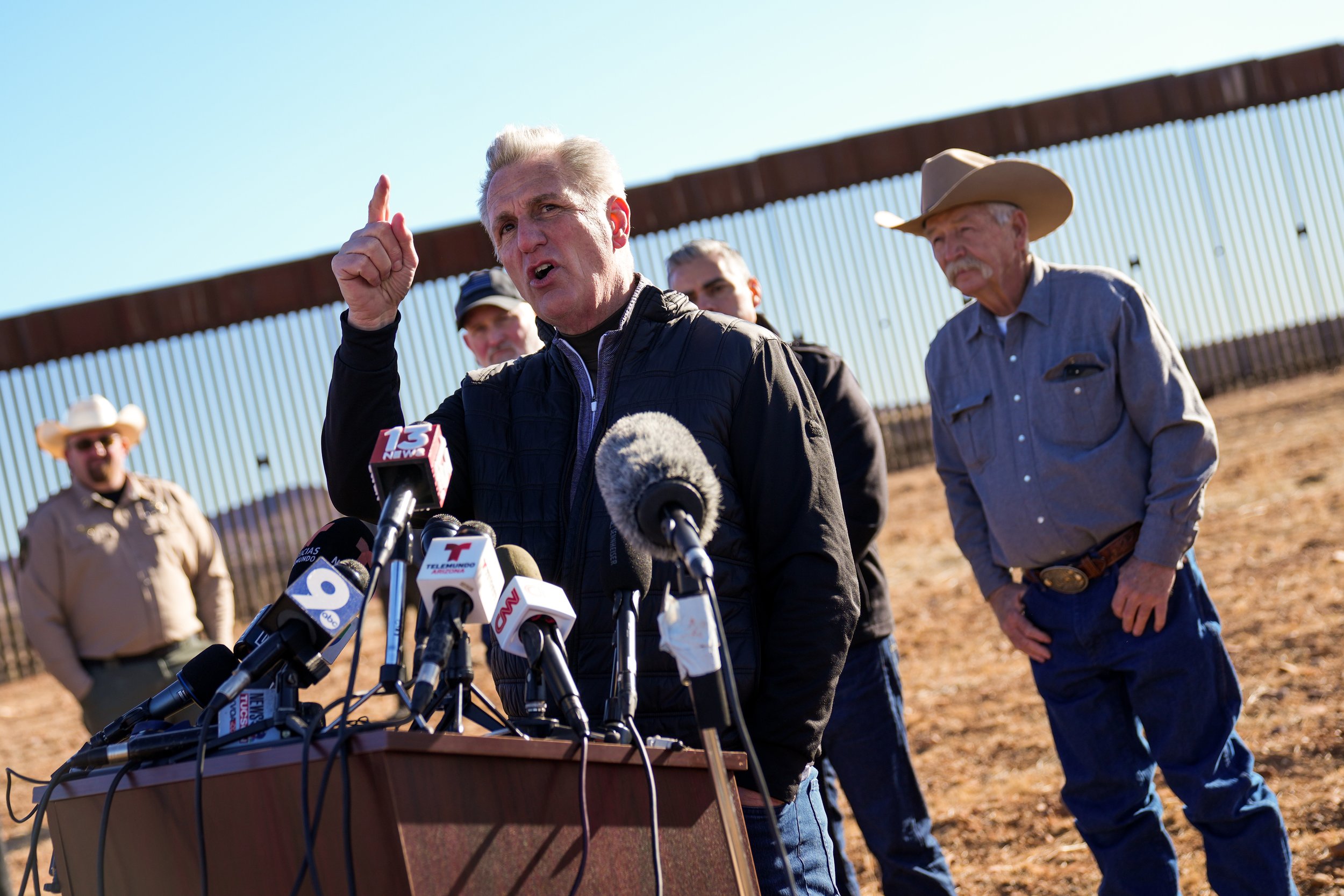  House Speaker Kevin McCarthy speaks during a press conference in front of the U.S.-Mexico border south of Sierra Vista on Thursday, Feb. 16, 2023, in Hereford.  