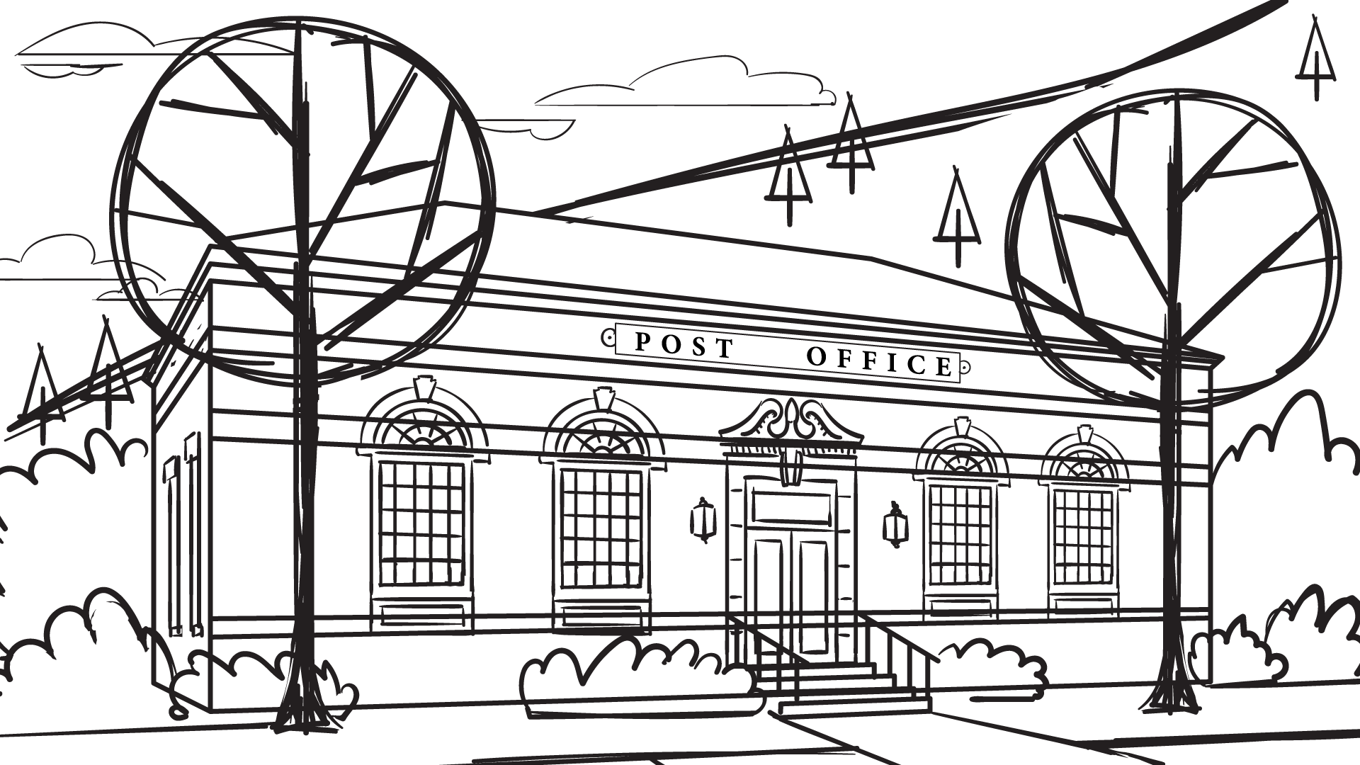   Pre-production sketch of post office for animatic  