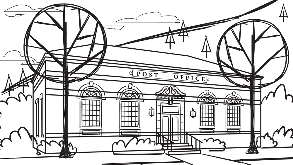   Pre-production sketch of post office for animatic  