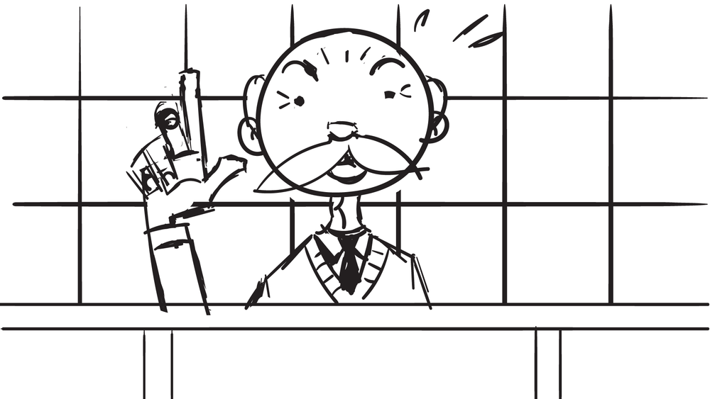   Pre-production sketch of Mr. Shim with background  