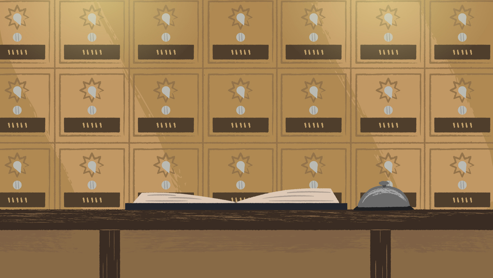   Production illustration of foreground counter and mailboxes background  