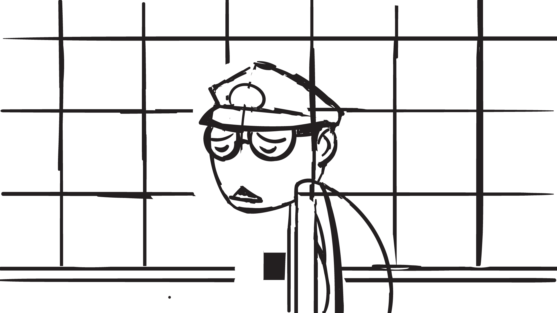   Pre-production sketch of Markus with mailboxes background  