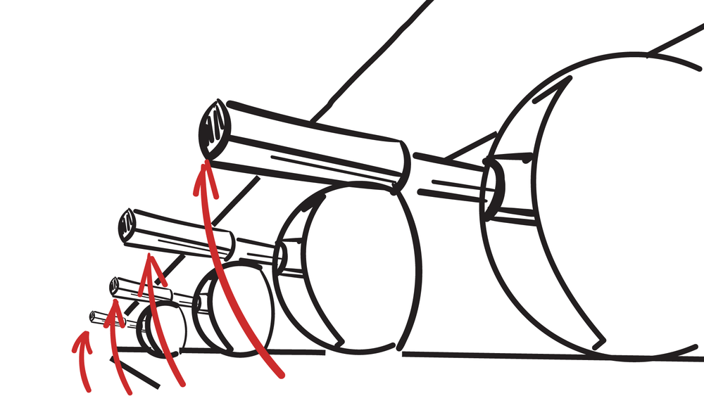   Pre-production sketch of volleyball cannons inside gym   