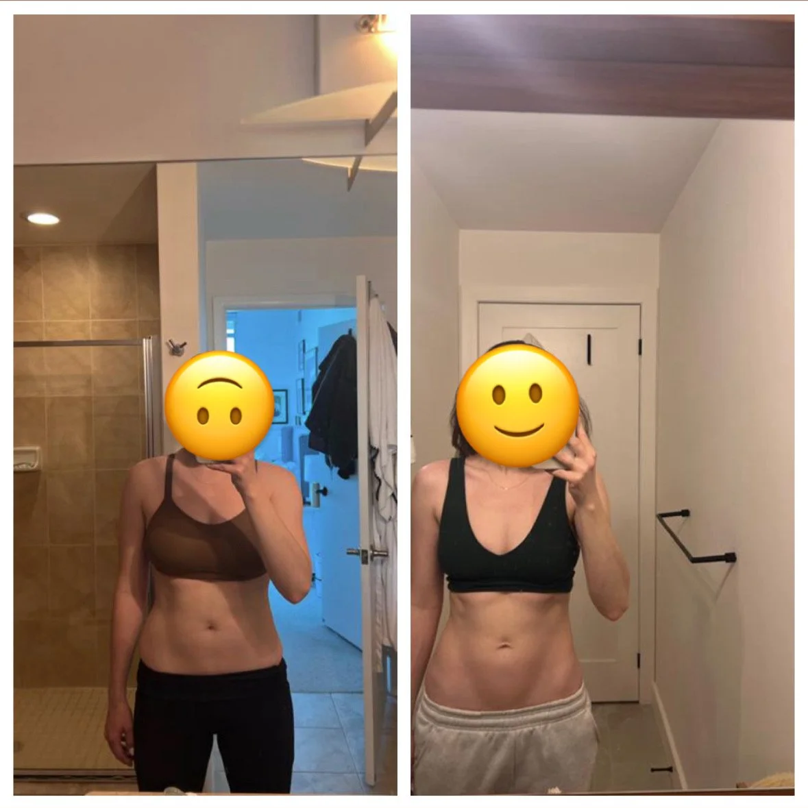 Side-by-side photos of a woman showing her fitness transformation, with visible changes in body composition, taken in different rooms of her home.