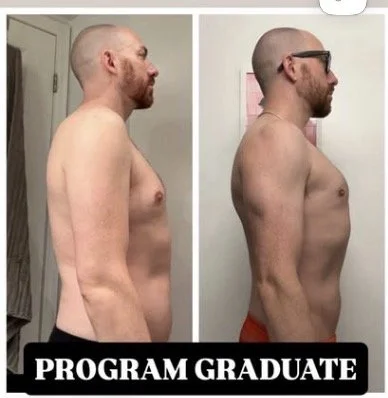 Side-by-side before and after photos of a shirtless man showing physical transformation, with the caption 'Program Graduate' at the bottom.