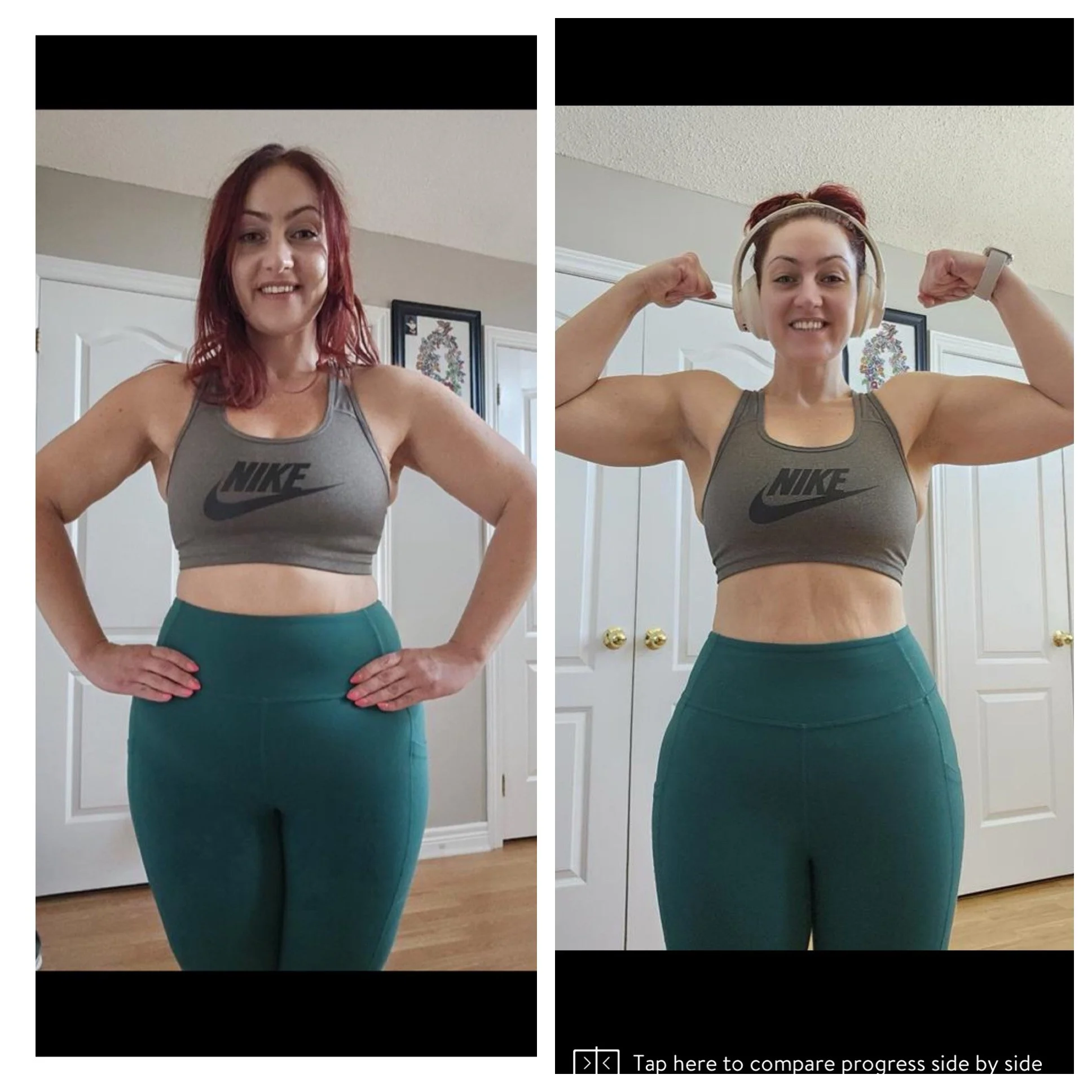Side-by-side comparison of a woman in workout clothes, smiling, with her hands on her hips in the first image and flexing her biceps with headphones in the second image. Both images show her wearing a gray Nike sports bra and teal workout leggings.