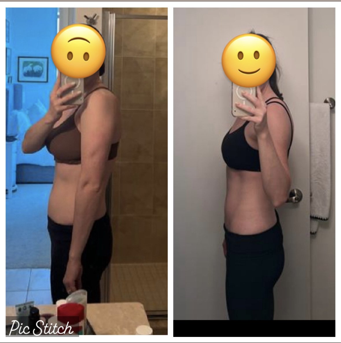 Side-by-side comparison of a woman before and after fitness transformation, showing weight loss and toned physique; both images feature her taking mirror selfies with emoji face overlays.