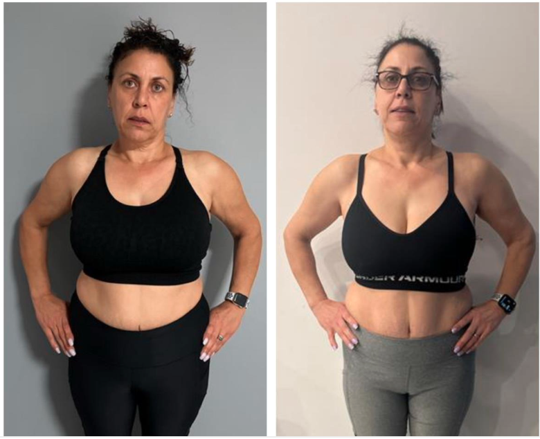 Side-by-side comparison of a woman before and after fitness transformation, wearing workout clothes, showing changes in body shape and fitness level.