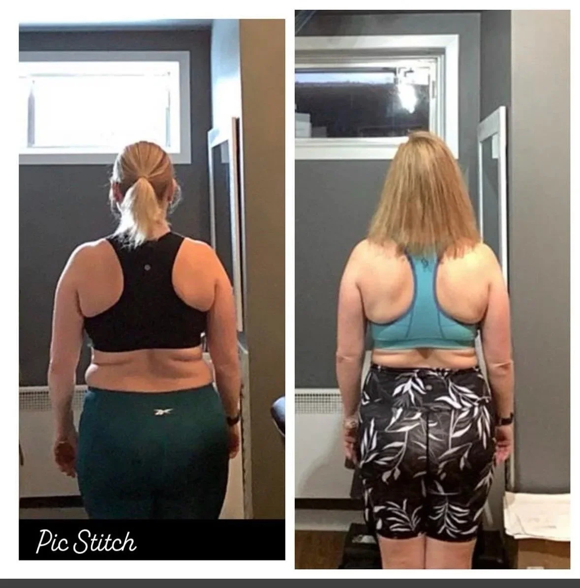 Side-by-side comparison of a woman before and after a fitness transformation, showing back views in workout attire.