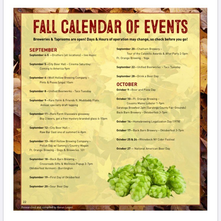 Fall Calendar of Events
Breweries &amp; Taprooms are open! Days &amp; Hours of operation may change, so check before you go!
SEPTEMBER
September 4-5 &mdash;Druthers (all locations) &ndash; live music September 5&mdash;City Beer Hall &ndash; Cinema Sa