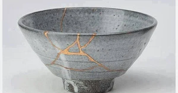 (n.) (v. phr.) "to repair with gold"; the art of repairing pottery with gold or silver lacquer and understanding that the piece is more beautiful for having been broken.