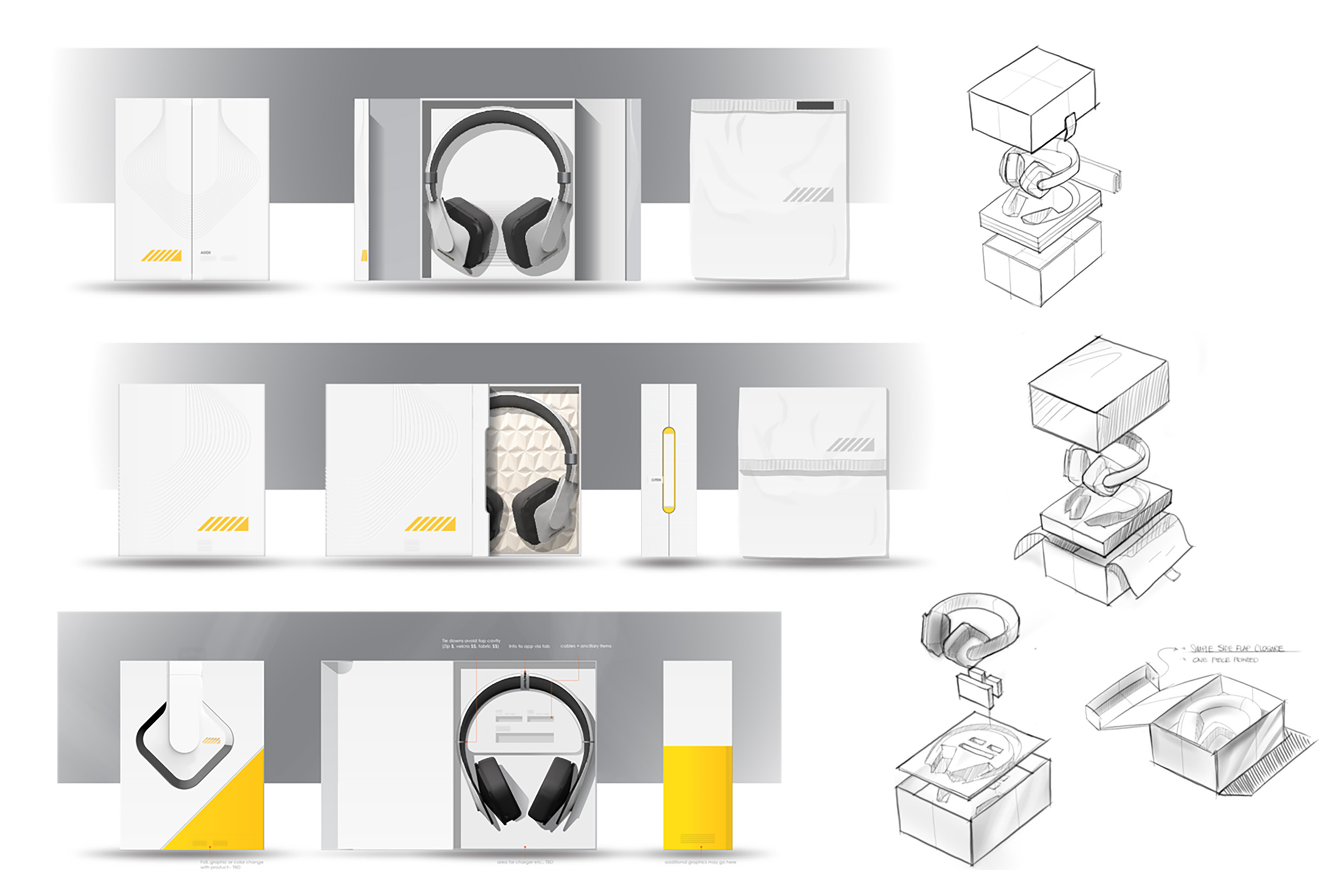 To strengthen the motif, the package design was based after the sound waves emanating from the haptic module. Given EDM's space themed parties, a direction was taken to apply the inspiration to the box and materials.