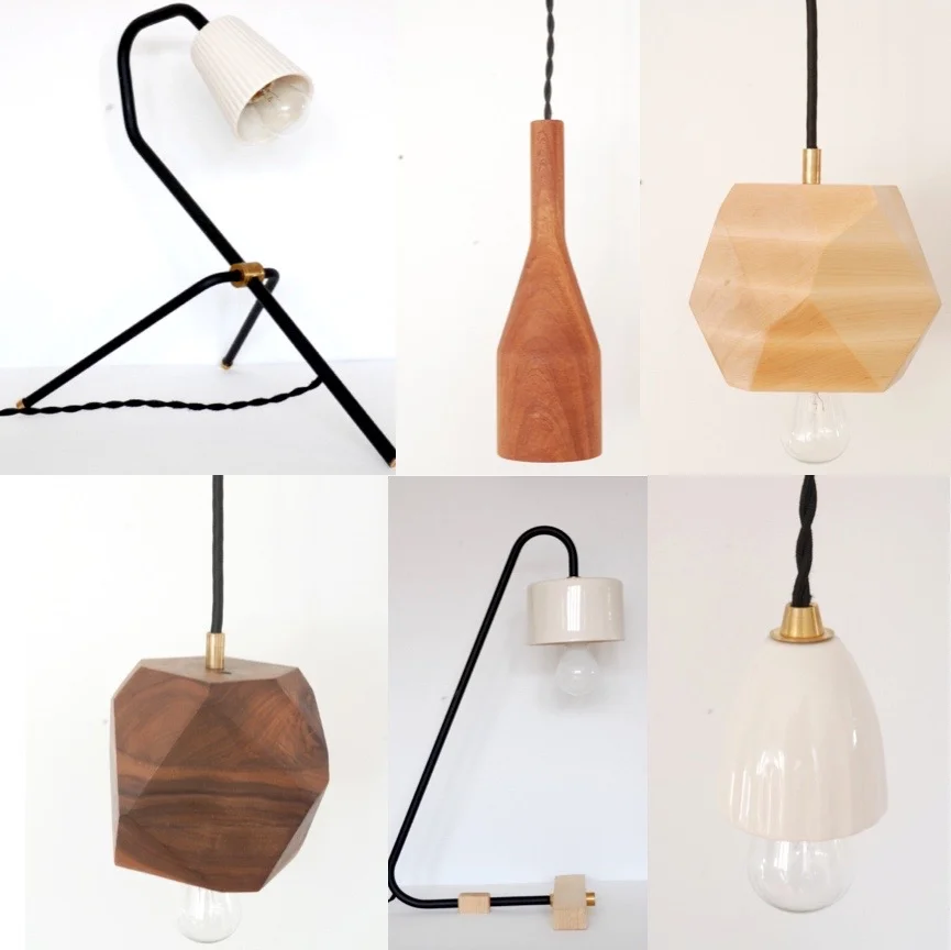 Clockwise from top left: Tripod table lamp, $180, Sapele Skittle Pendant, $160, Maple Geometric pendant, $130, Wave Ceramic pendant, $100, Cecile table lamp, $180, Walnut Geometric pendant, $155. 