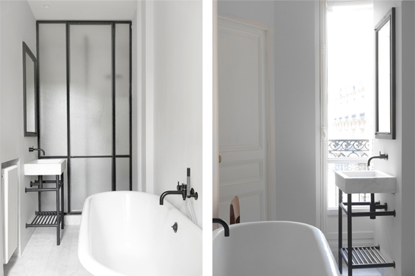 Paris apt. matte black fixtures bathroom, NS Architects. || via The Design Edit