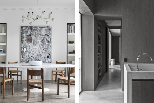 Paris Apt. Dining (left) and kitchen (right), NS Architects. Photo: Stephan Juillard || via The Design Edit