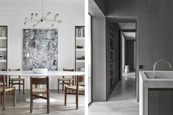 Paris Apt. Dining (left) and kitchen (right), NS Architects. Photo: Stephan Juillard || via The Design Edit