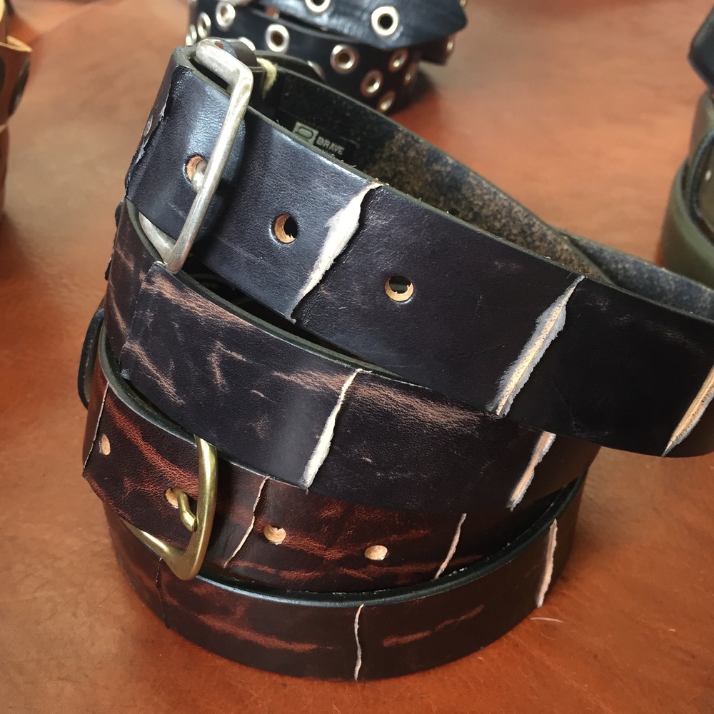  These mens belts have an interesting sliced detail that's a bit punky and deconstructed. 